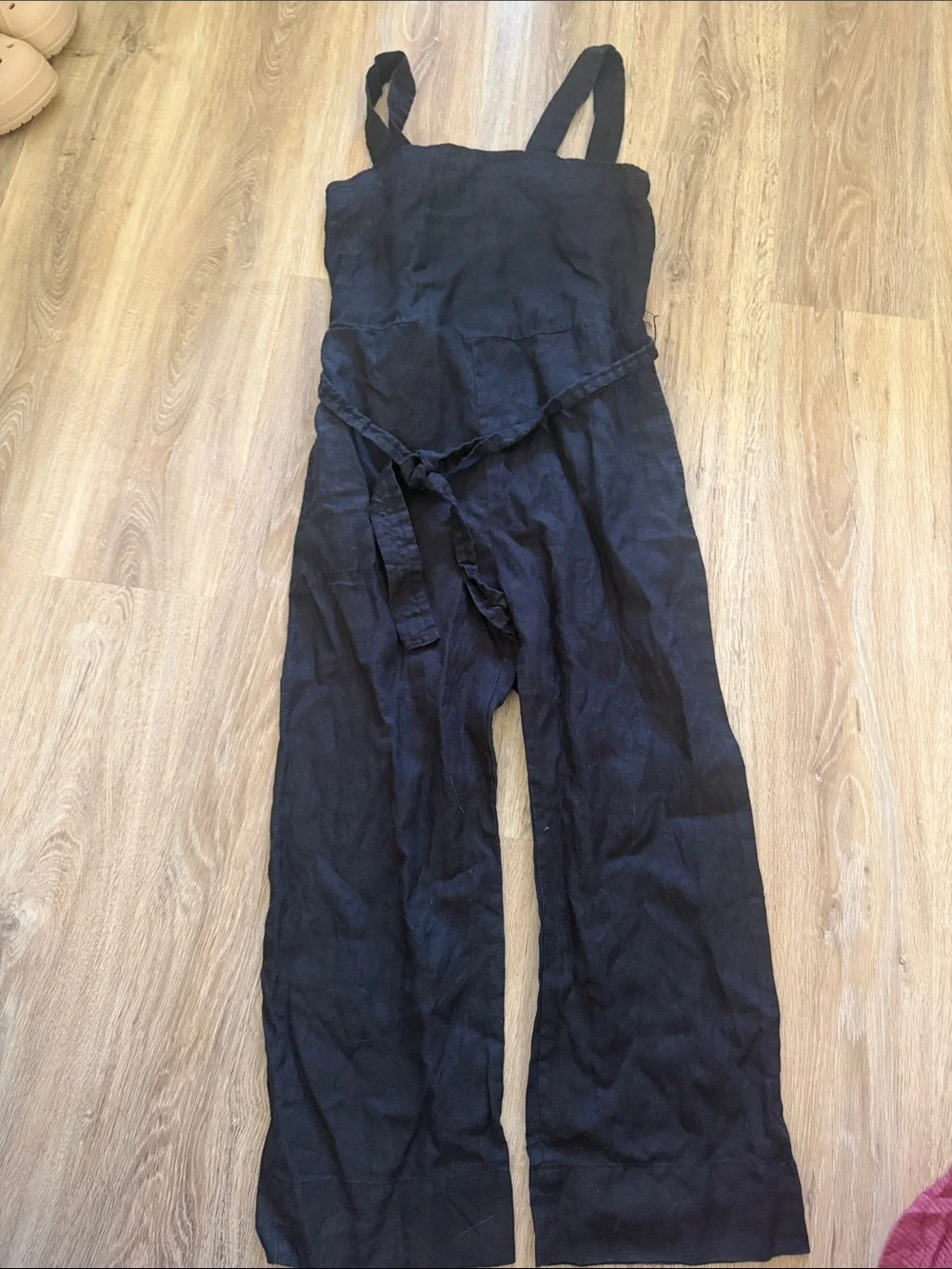 100% European linen square neck Jumpsuit black XS